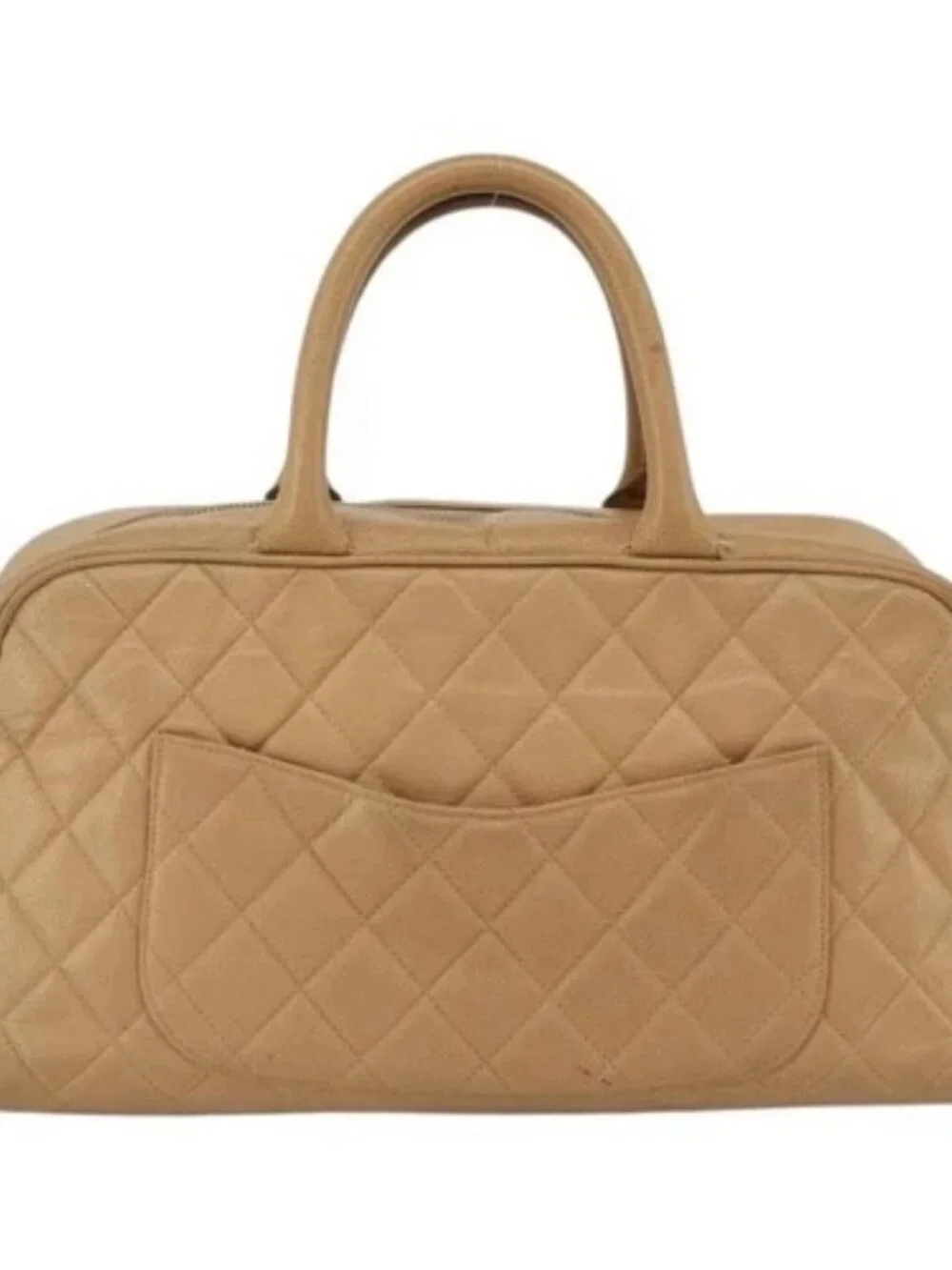 CHANEL Matelasse Boston Bag Grained Calf Skin Beige Gold CC Auth mr2295